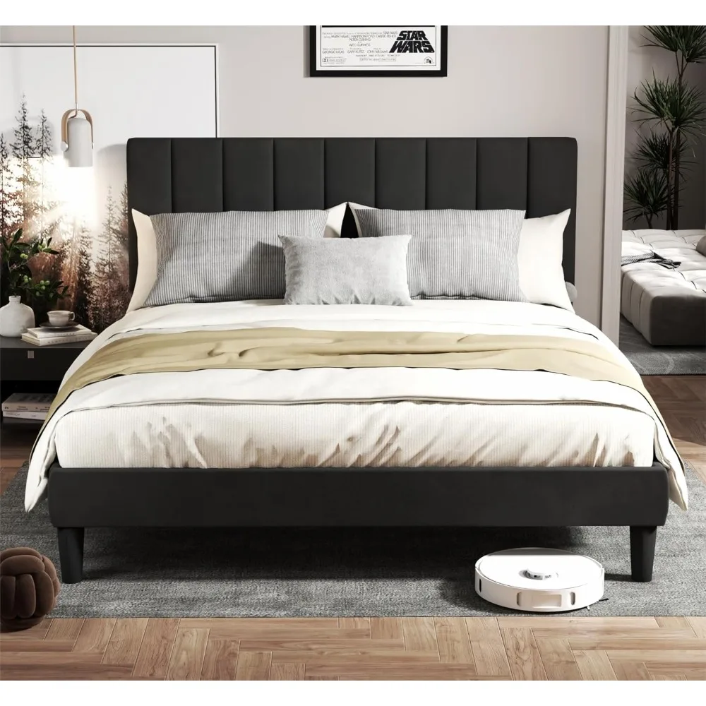 

Queen Size Bed Frame with Headboard, Velvet Fabric, Wood Slat Support, Upholstered Platform Bed Frame