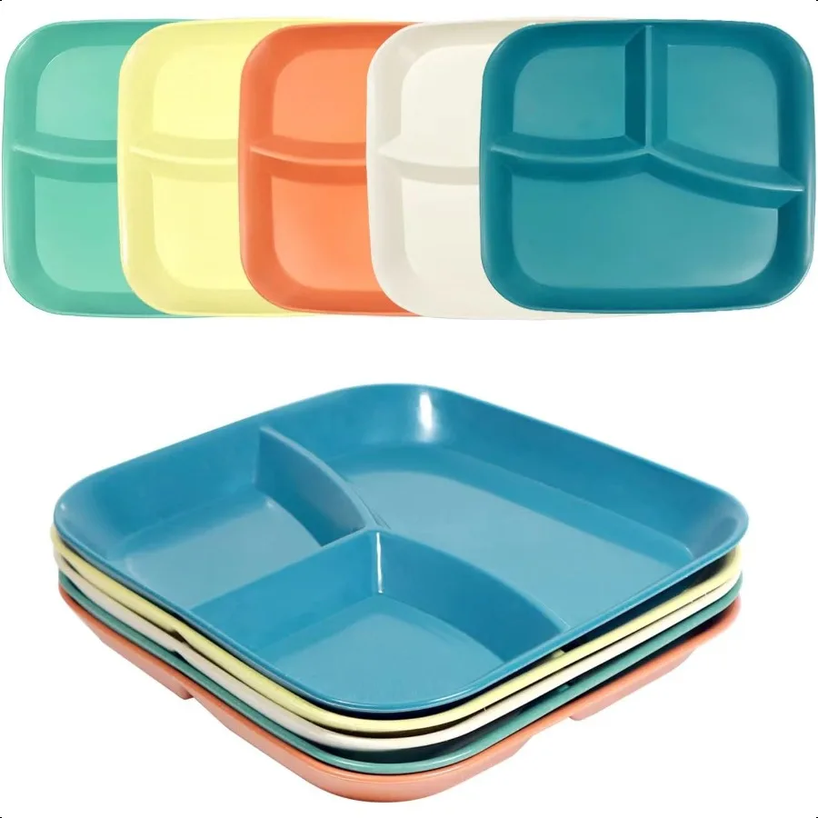 

10 Inch Wheat Portion Control Dinner Plates 5 Unbreakable Adult Separate Plates 3 Compartment Square Food Divider Plates Microw