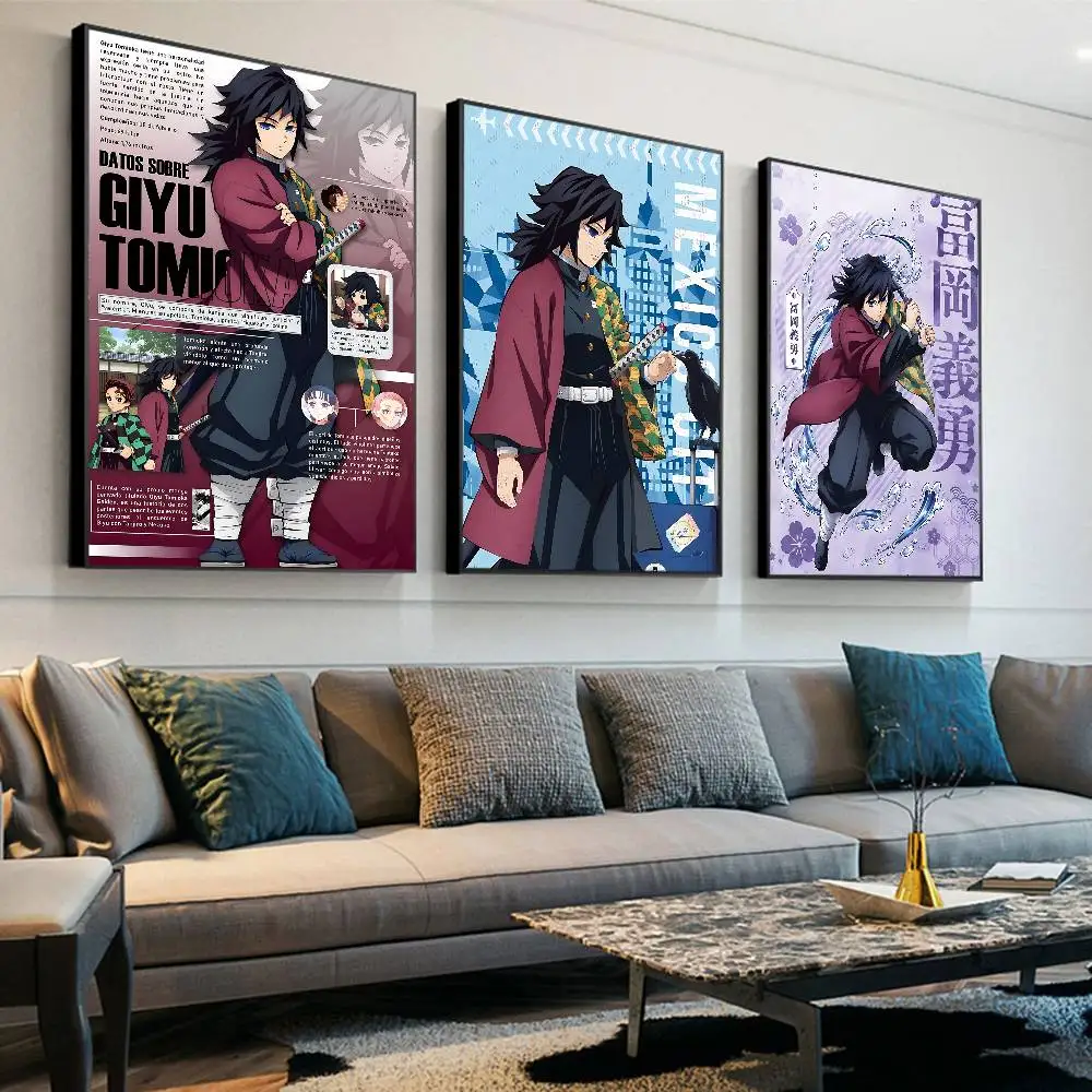 Demon Slayer Giyuu Tomioka Movie Sticky Posters Fancy Wall Sticker for Living Room Bar Decoration Vintage Decorative Painting
