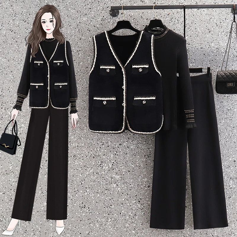 Women Winter Warm Cold y2k Tracksuit Vest Jacket Coat+ Sweater Top And Pant Three Pieces Set New Matching Outfit Snow Suit Cloth