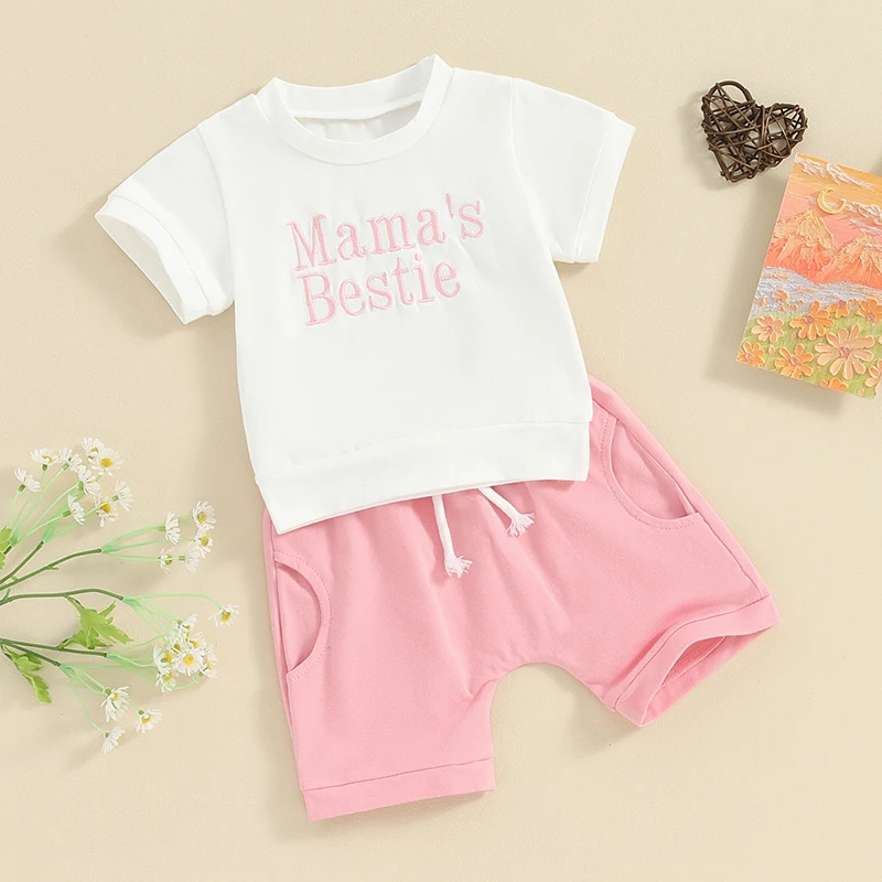 Toddler Baby Girl Summer Clothes Sweatsuit Daddys Bestie Mamas Bestie Shorts Sleeve T Shirt Tops and Shorts Set