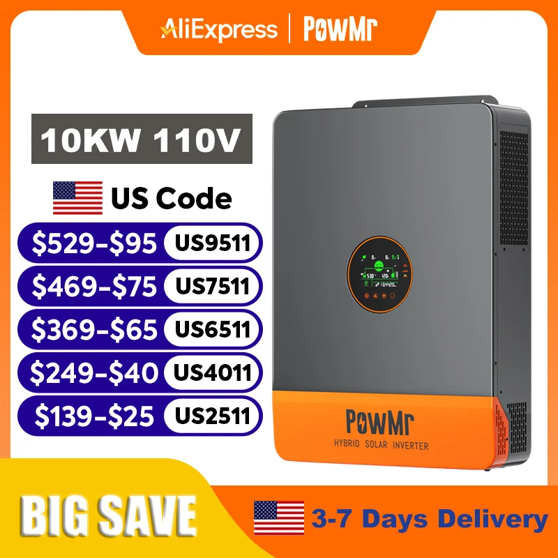 

PowMr 10 кВт Разделенный фазовый инвертор 48 В 110 В 220 В Гибридный солнечный инвертор с двумя выходами MPPT в сети с солнечным зарядным устройством MPPT 200 А
