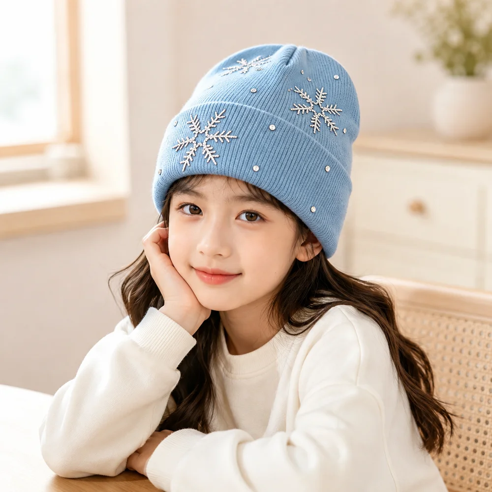 Knitted Fabric Winter Beanie Rhinestone Folded Cuff Children Knit Hat Soft Snowflake Embellishment Snowflake Knitted Cap