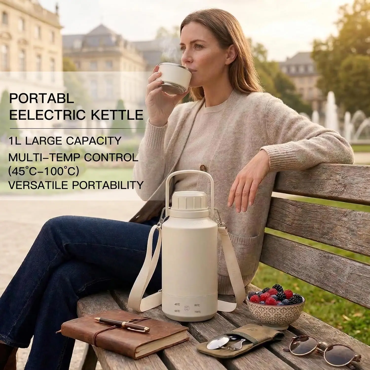 Car Portable Electric Kettle 1L, Rapid Boil, Food-Grade 304 Stainless Steel, Auto Shut-Off & Boil-Dry Protection, Compact