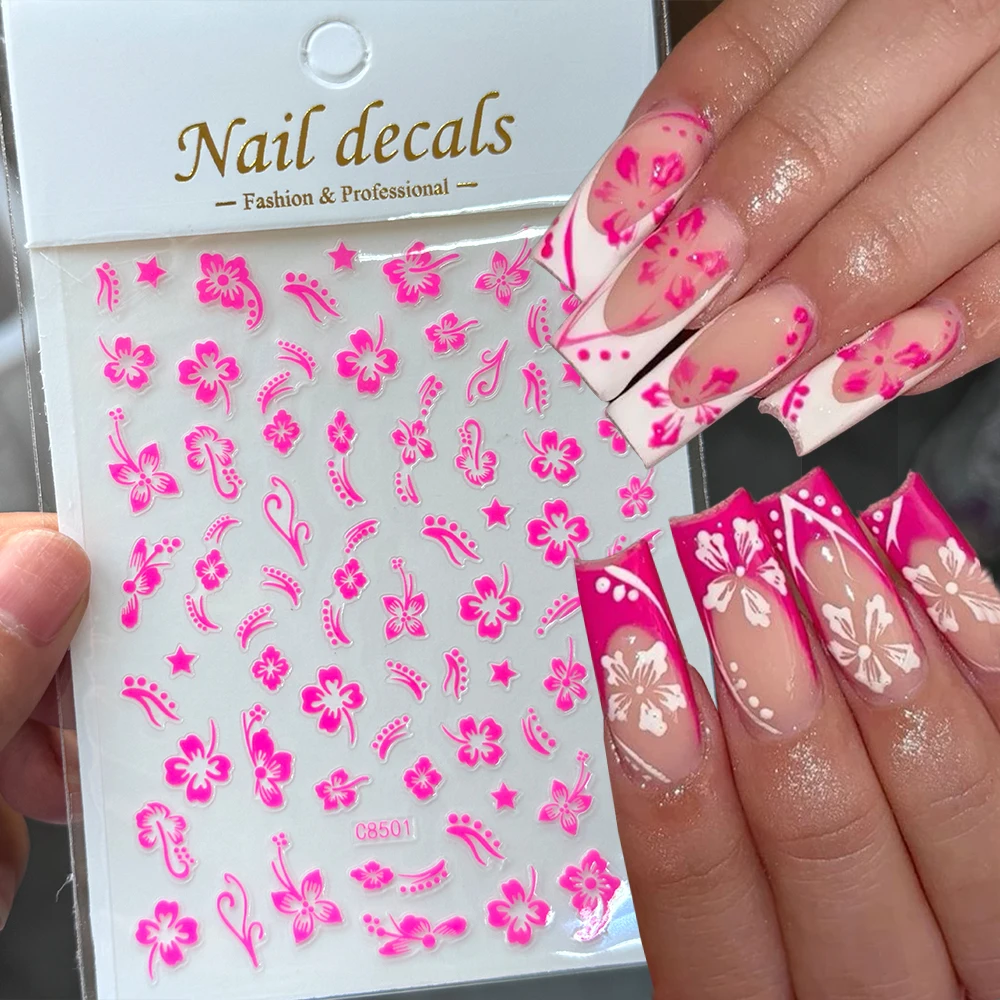 

3D Hibiscus Flower Nail Art Sticker 10*8cm Beautiful Floral Hibiscus #White #Pink Nail Decal Summer Adhesive Manicure Decoration