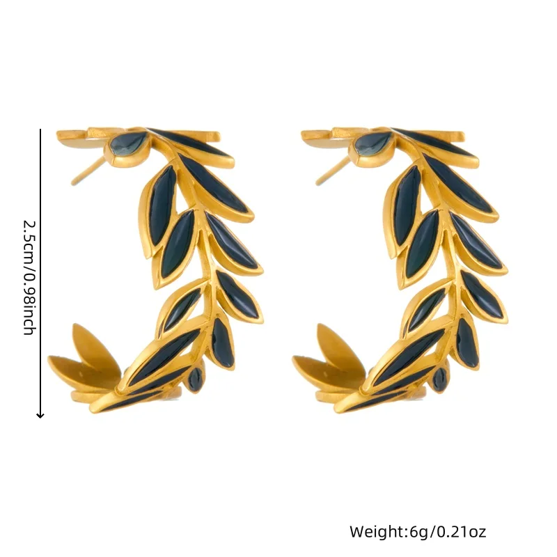 DIEYURO 316L Stainless Steel Black Drip Oil Leaf Circle Earrings For Women 2024 Fashion New Current Ear Jewelry Lady Gift Party image 2