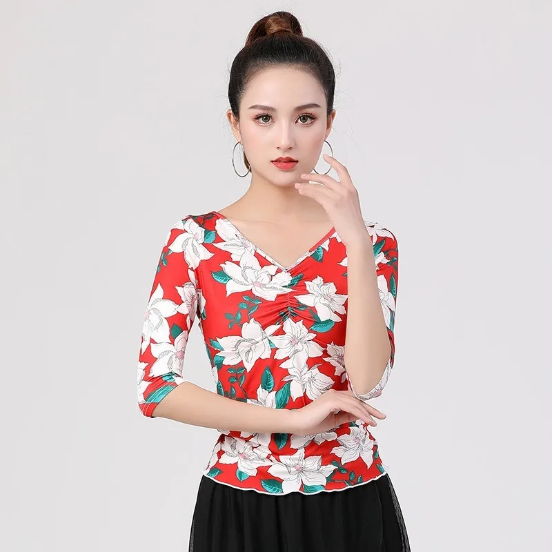 ชุดเต้นลาติน เสื้อซ้อมเต้น แขนกลาง คอวี สำหรับผู้หญิง ชุดเต้นโมเดิร์น ชุดเต้นไลน์แดนซ์ ชุดซัมบ้า ชุดคาร์นิวัล