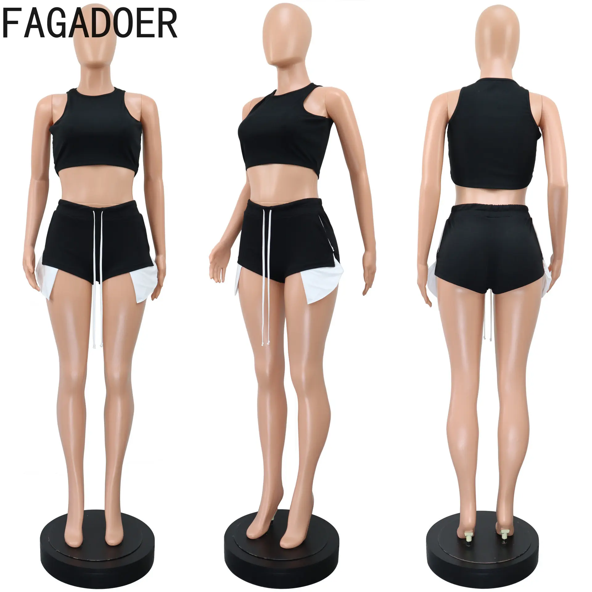 FAGADOER Summer Solid Color Sporty Two Piece Sets Women Sleeveless Crop Top + Skinny Shorts Tracksuits Female 2pcs Outfits 2023