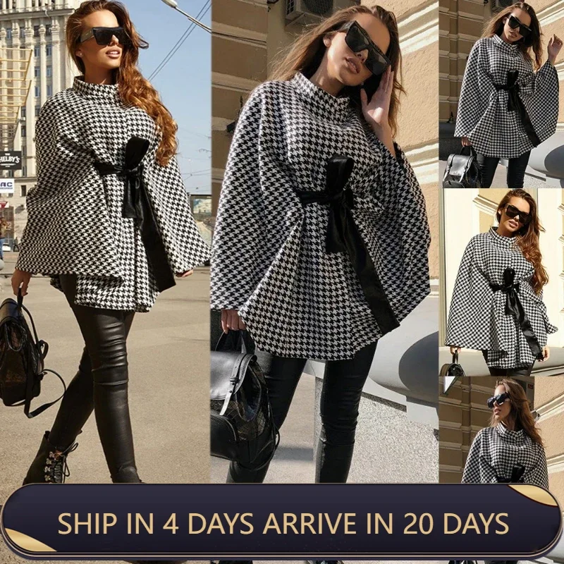 2024 New Arrival Women's Plaid Woolen Cape With Belted Cloak Overcoat For Autumn Winter