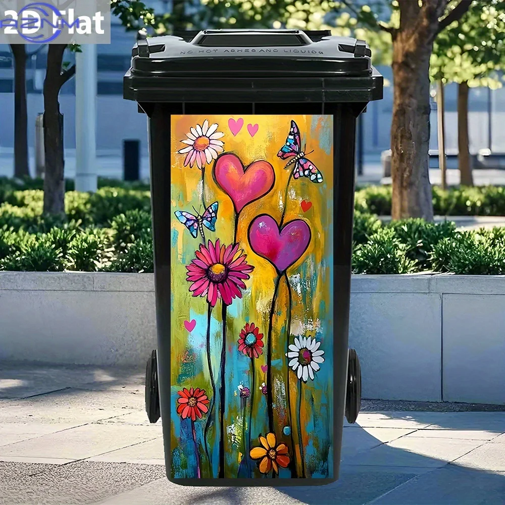 1pc 2D Flat Colorful Flowers and Butterflies Trash Can Sticker – Waterproof, Vibrant and Delightful, Floral-Themed, Bin Decora