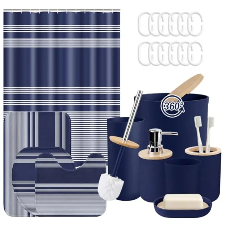 

Navy Blue Bathroom Decor and Accessories Set, Striped Blue Shower Curtain and Rug Set with Trash Can, Soap Dispenser, Soap Dish