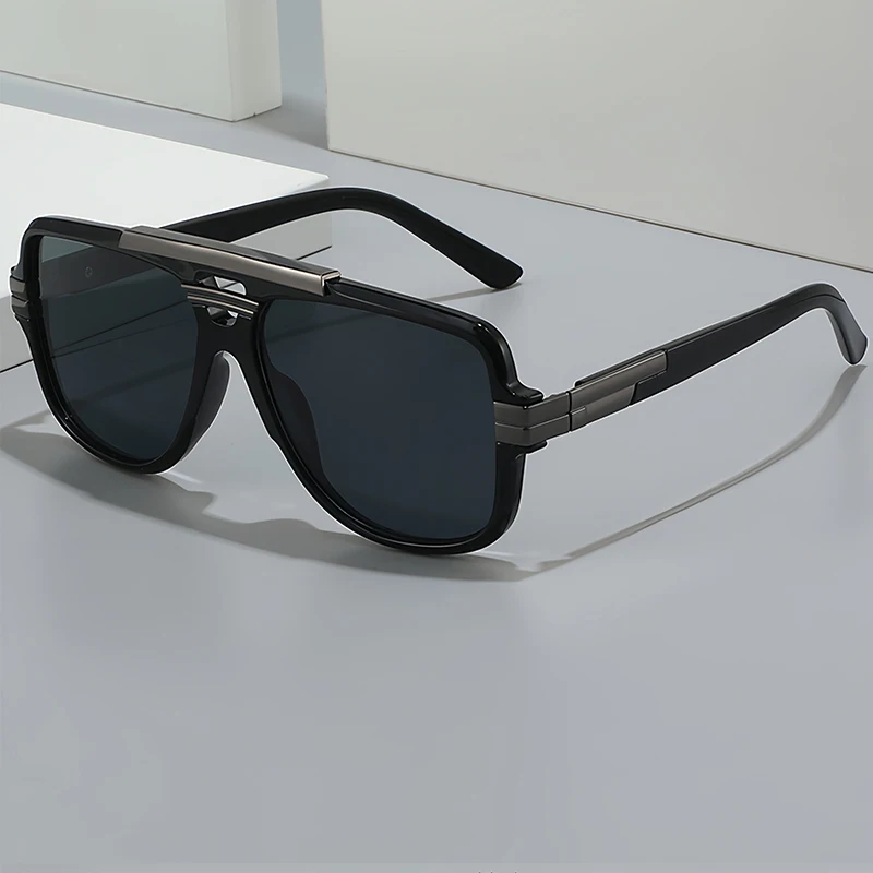 CATERSIDE Retro Herren-Sonnenbrille mit quadratischem, großem Rahmen, flachem Oberteil, Doppelbrücke, Piloten-Punk-Sonnenbrille, Damen-Party-Reisebrille, UV400 – Detail 2