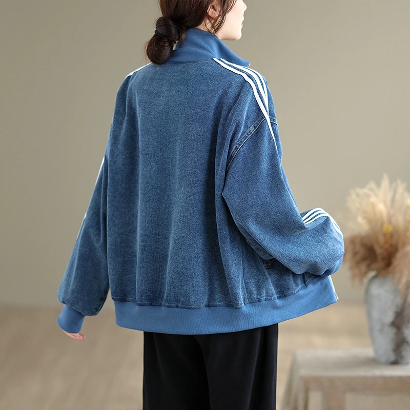 Chic coréen Sle ort Denim Jaet femmes couleur Pure fermeture éclair col montant t-shirt barres manteau trajet coton Polyester mélange