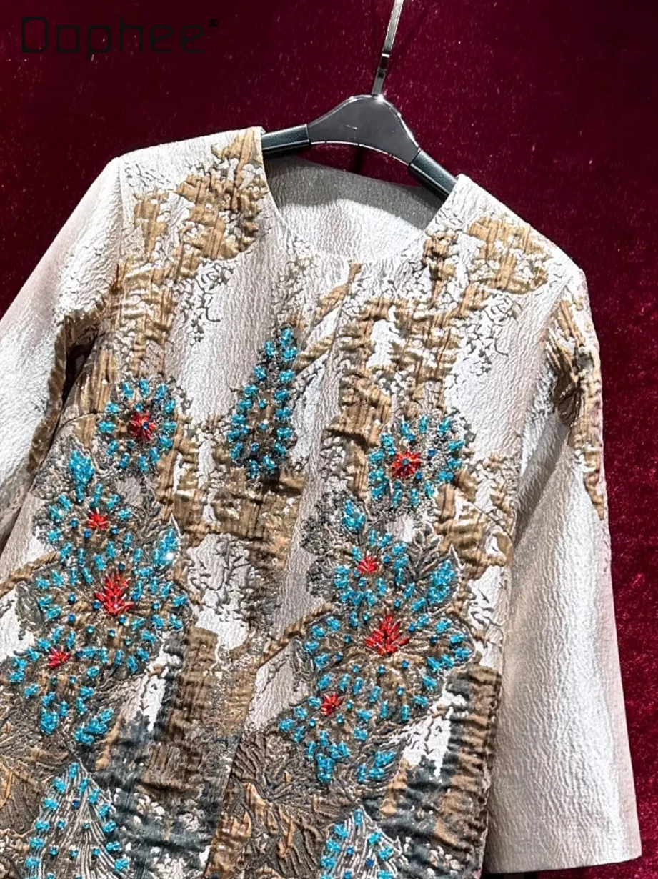 

Luxurious Jacquard High-End Heavy Beading Mid-Length Coat Women Trench Coat Vintage Embroidered Single Breasted Jackets Autumn