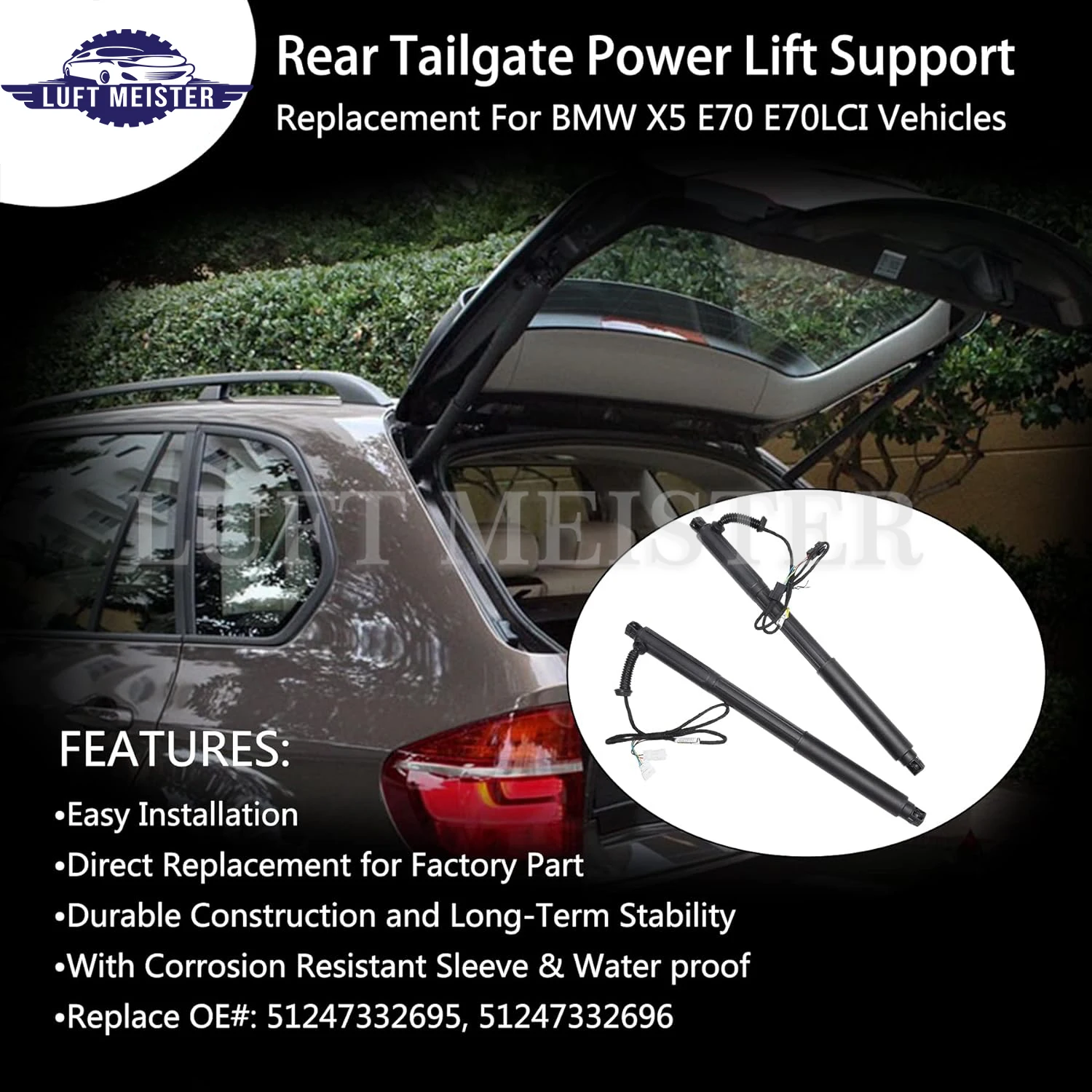 2pcs Left &Right Electric Tailgate Lift Supports Struts For BMW X5 E70 2007-2013 51247332695 51244887651 51247332696