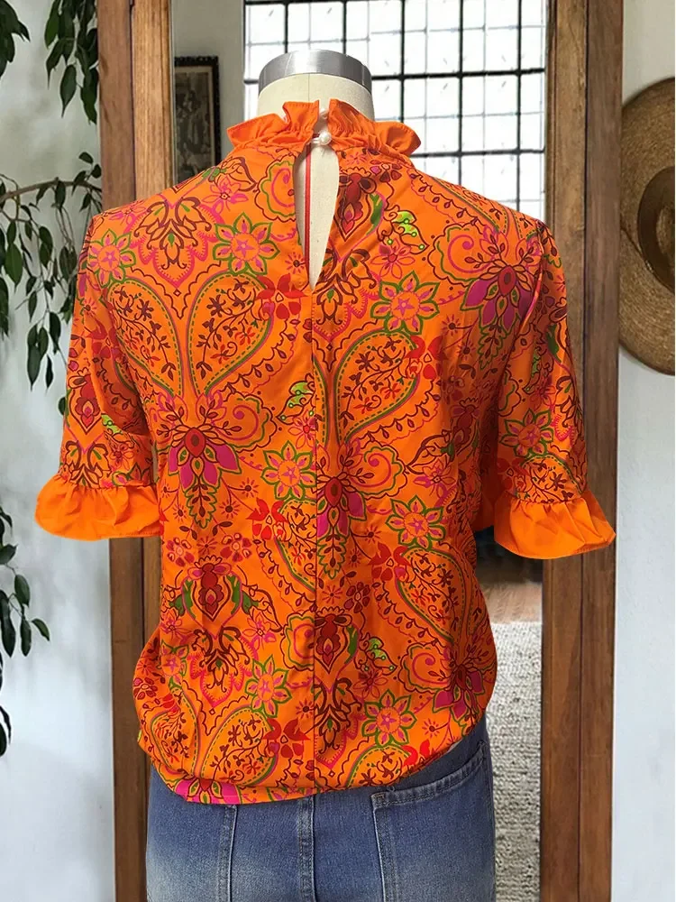 Women\'s Elegant Blouse Puff Sleeve Paneled Graphic Print Top