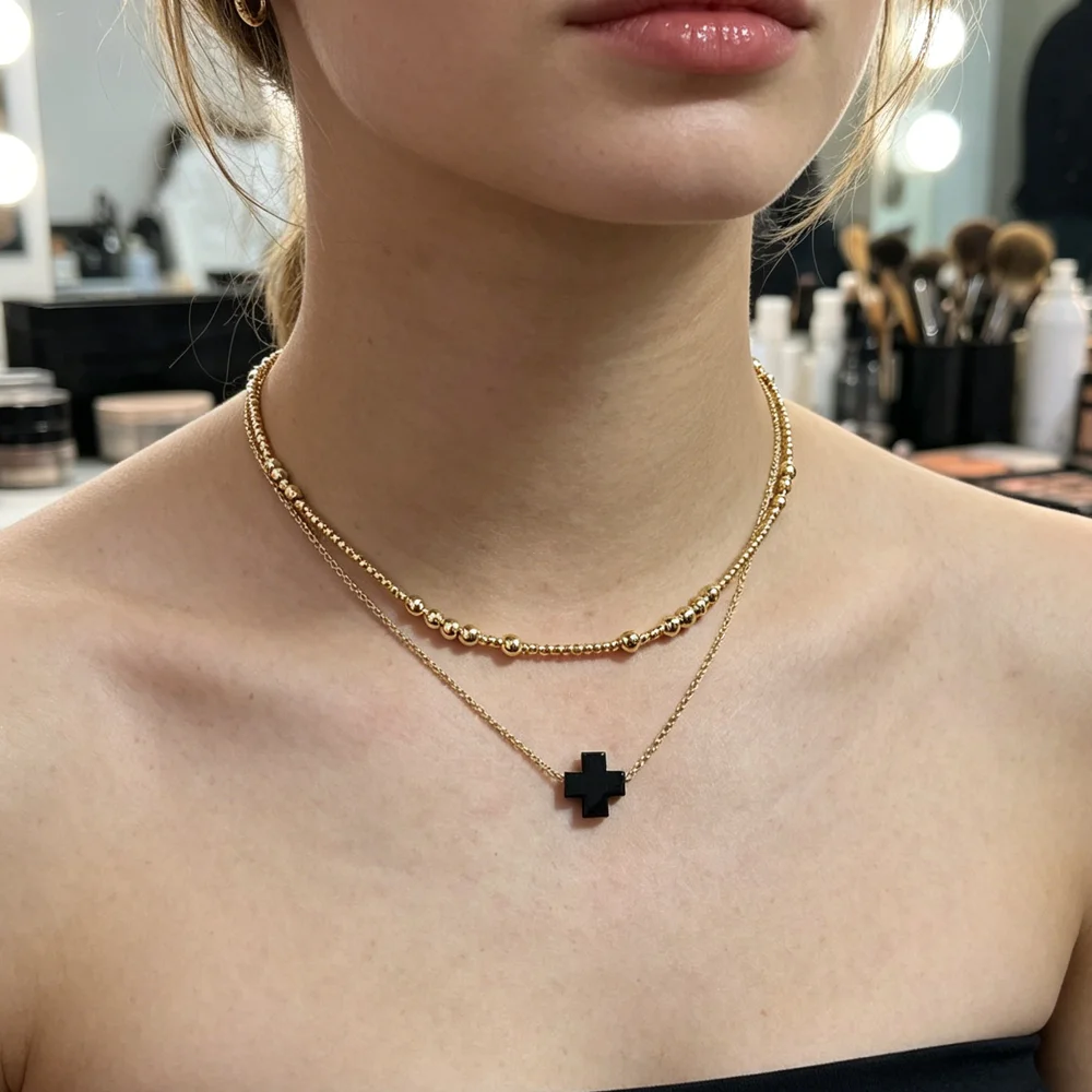 

VKVVA Gold-plated Layered 2pcs Necklace Set, Minimalist Dainty Everyday Stackable Black Cross Charm for Women Gift Daily Wear