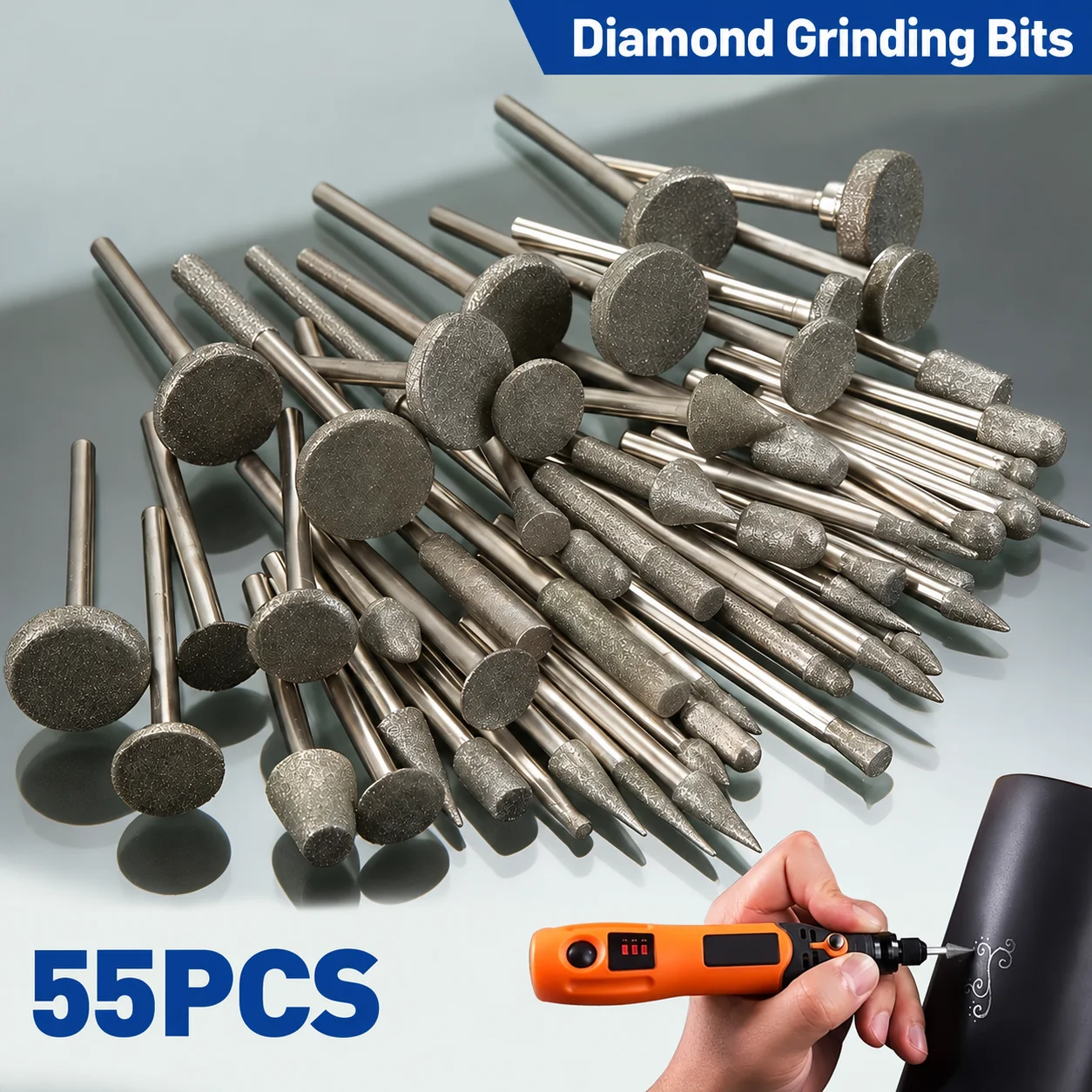 55PCS Diamond Grinding Bits Set, 3mm Shank Rotary Tool Accessories for Stone, Glass & Ceramic Engraving, Grinding & Polishing