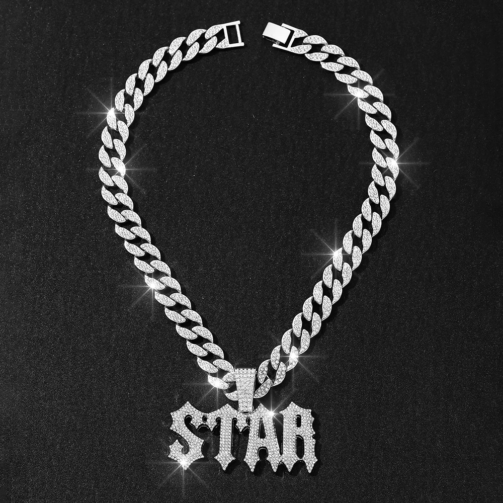 الهيب هوب الرجال قلادة مجوهرات مثلج خارج سبيكة رسالة ستار قلادة مع الكوبية ربط سلسلة التبعي #6