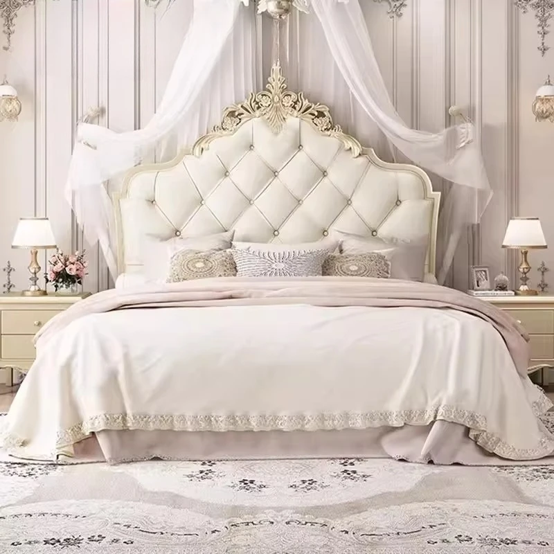 *&American Light Luxury Solid Wood Bed Modern Minimalist Double Bed Master Bedroom French Cream Style Princess  Wedding Bed