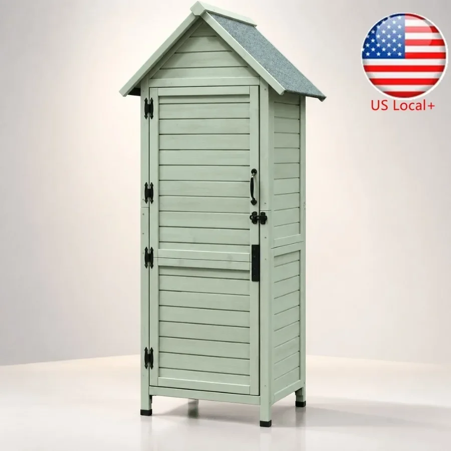 Outdoor wooden storage shed for garden tools with safety latch and adjustable shelves, weather-resistant, light green