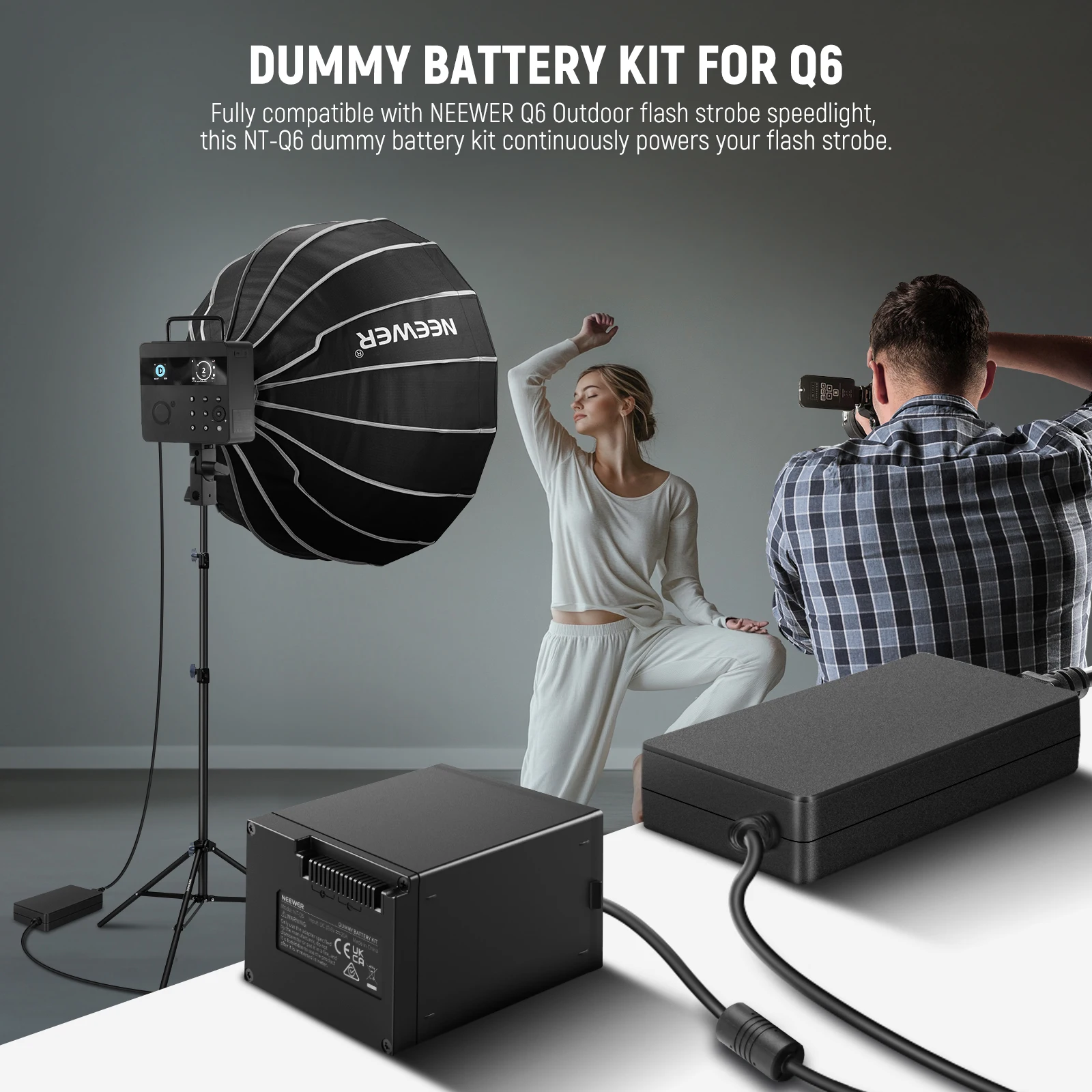NEEWER Q6 더미 배터리 키트 (Q6 야외 플래시 스트로브 스피드라이트용) AC 전원 어댑터 케이블 포함 (NB-Q6 배터리 교체용)