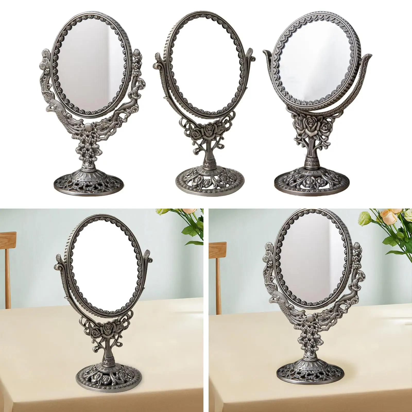 Schminktischspiegel im europäischen Stil, antiker drehbarer Kosmetikspiegel, ovaler Schminkspiegel, drehbar, doppelseitig, für Schlafzimmer