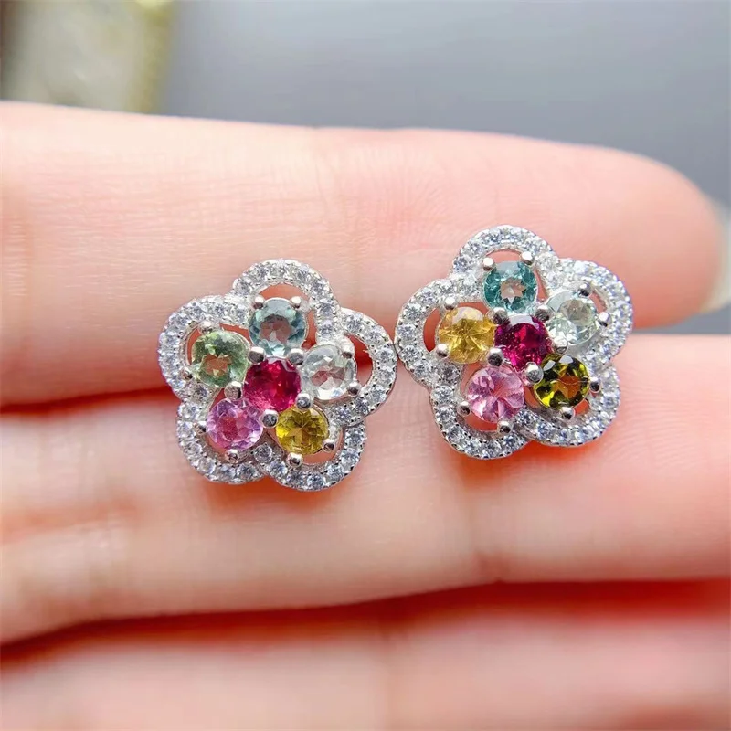 

New Flower S925 Silver Natural Tourmaline Stud Earrings with Certificate