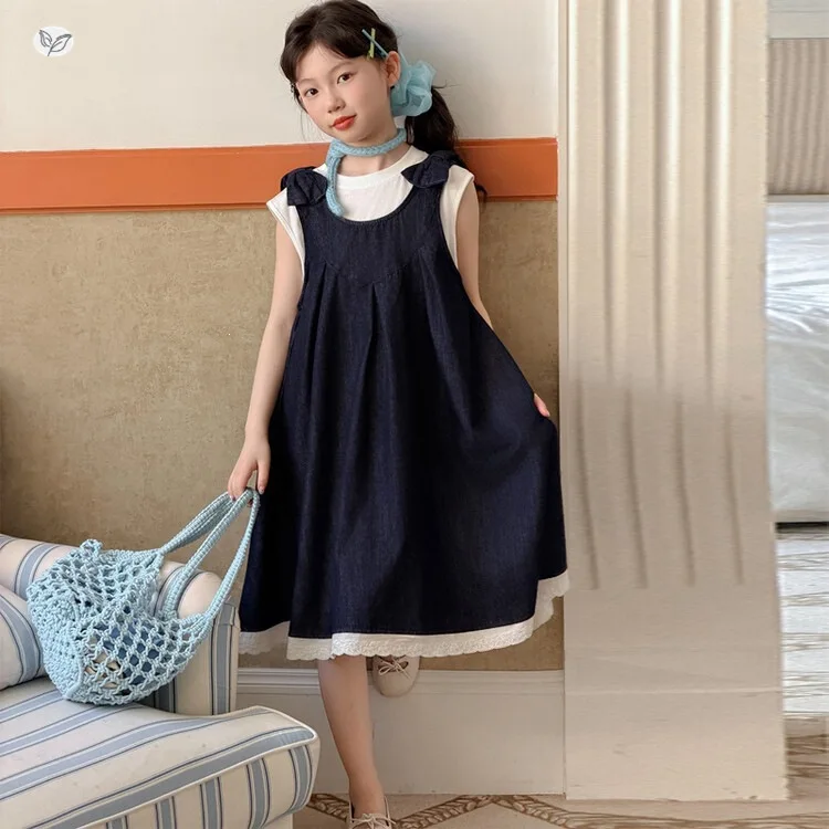 Girl's 2026 Summer New Korean Style Vest Denim Dress Set Lightweight Strapless Dress Cool Top Two-Piece Set