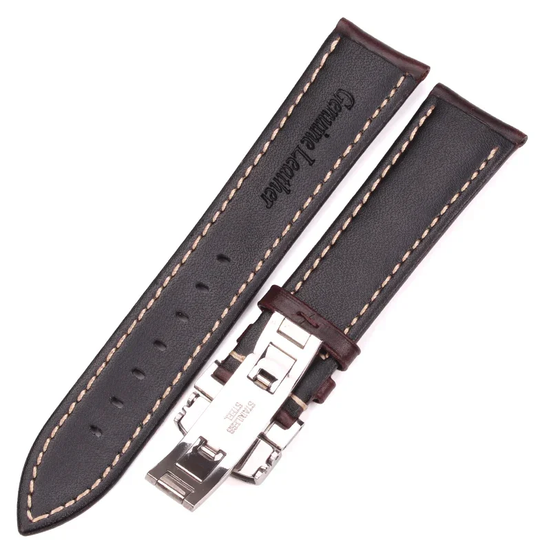 Vintage Smooth Watch Band Black Dark Brown 18-24mm Women Bracelet Strap with Silver Polished Deployment Clasp