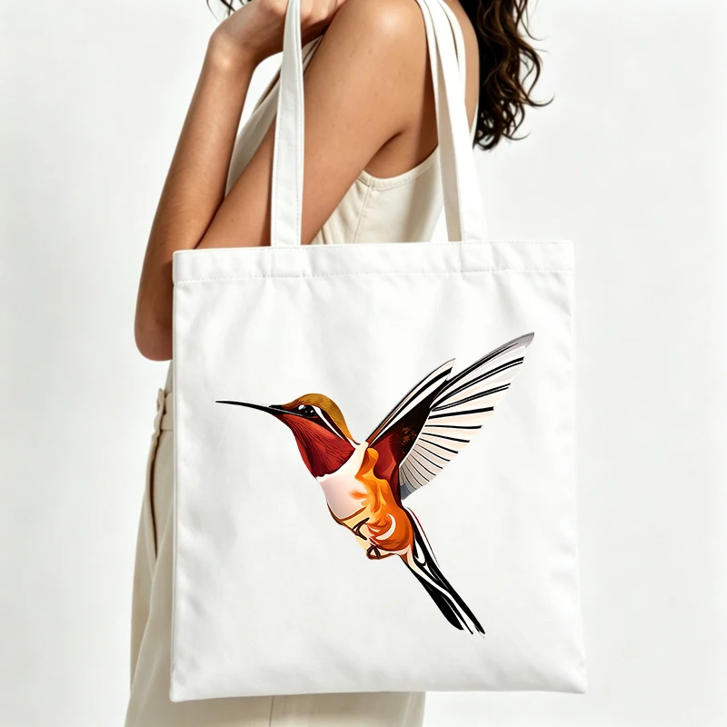 hummingbird graphic canvas tote bag with artistic print, ideal for casual daily use and summer outings