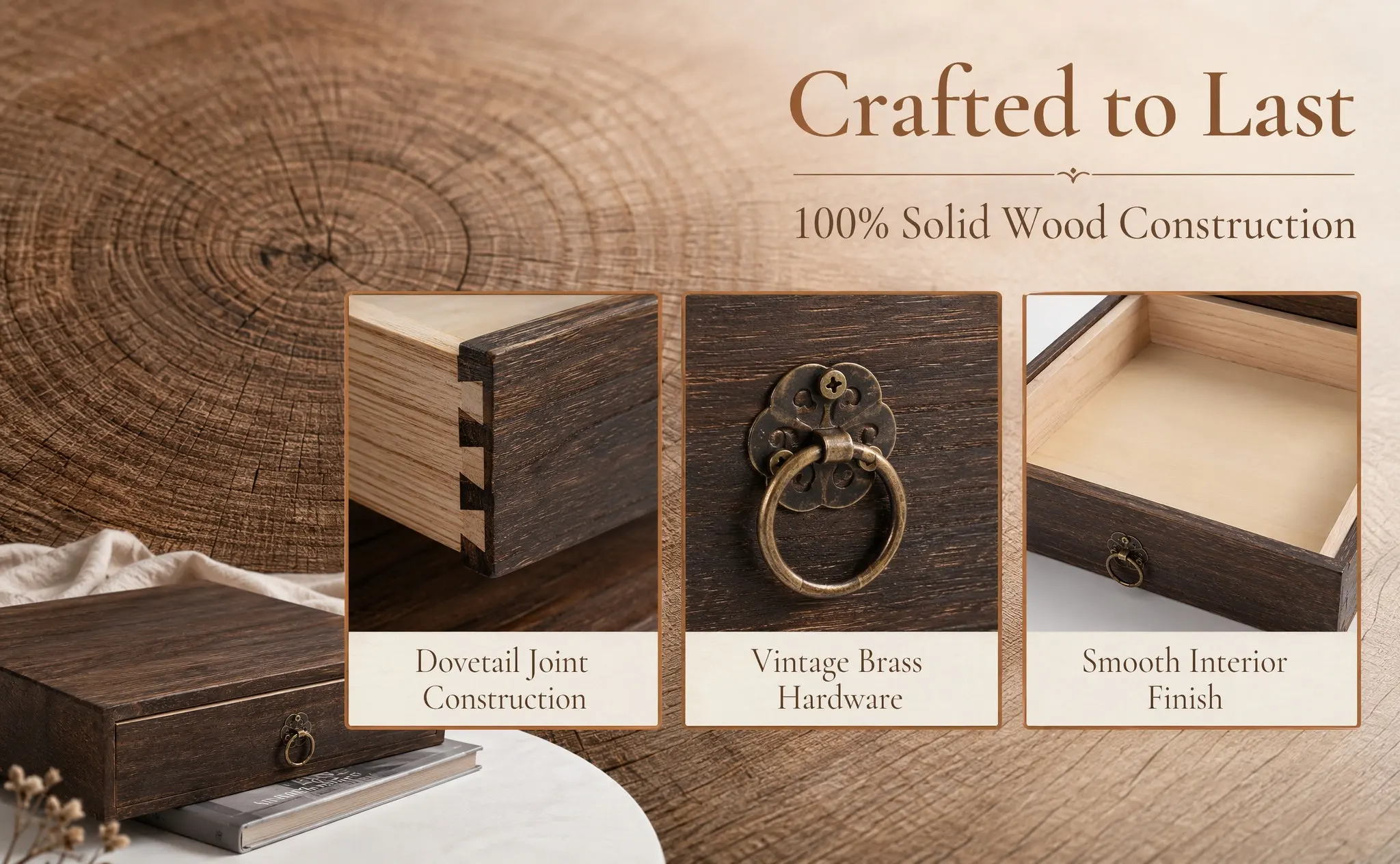 1Pcs Natural Solid Wood Desktop Storage Box Retro Wooden Desk Drawer Organizer with Elegant Pull Ring for Table Clutter Control