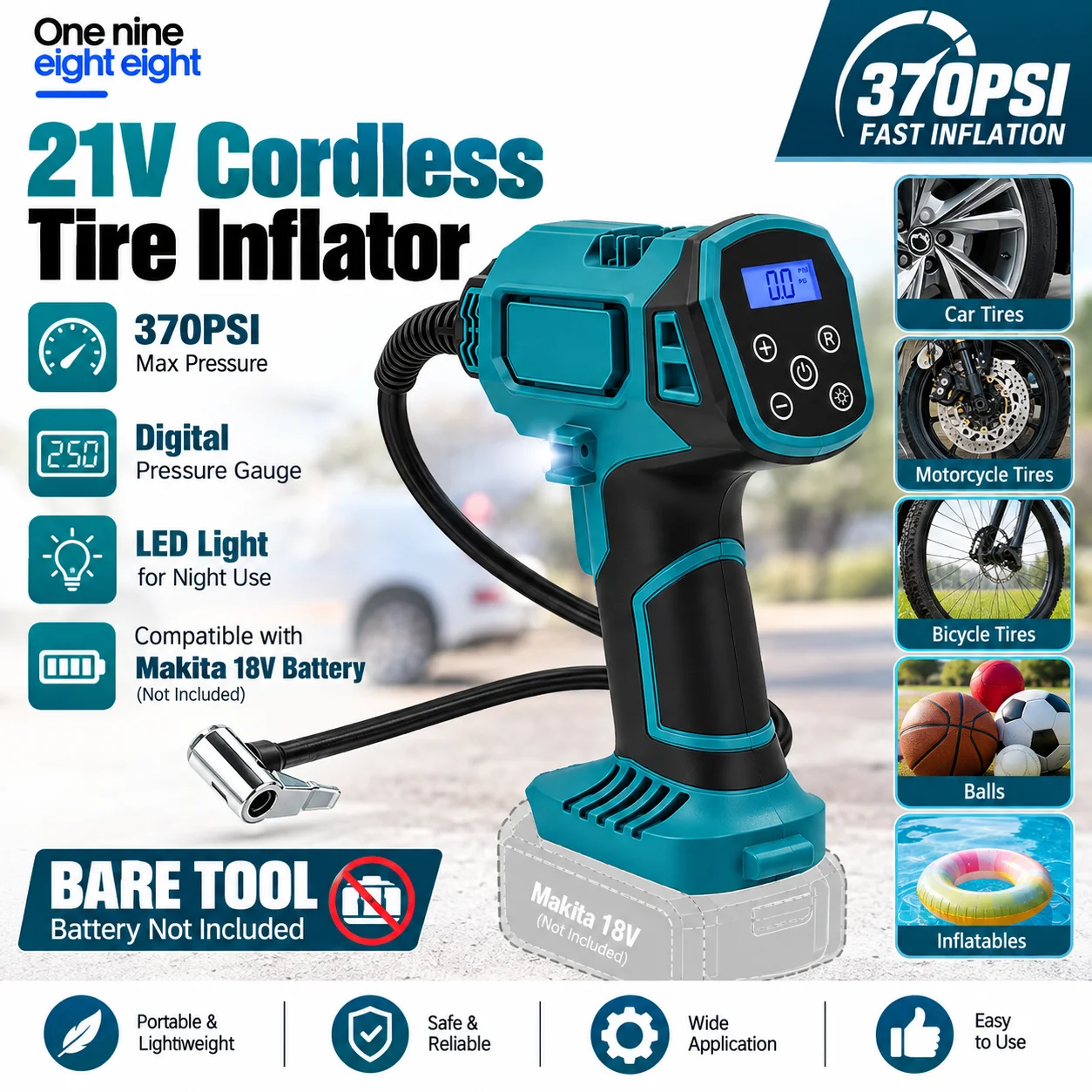 21V Cordless Tire Inflator 370PSI Portable Electric Air Compressor Digital Pressure Gauge LED Light Compatible with Makita 18V B