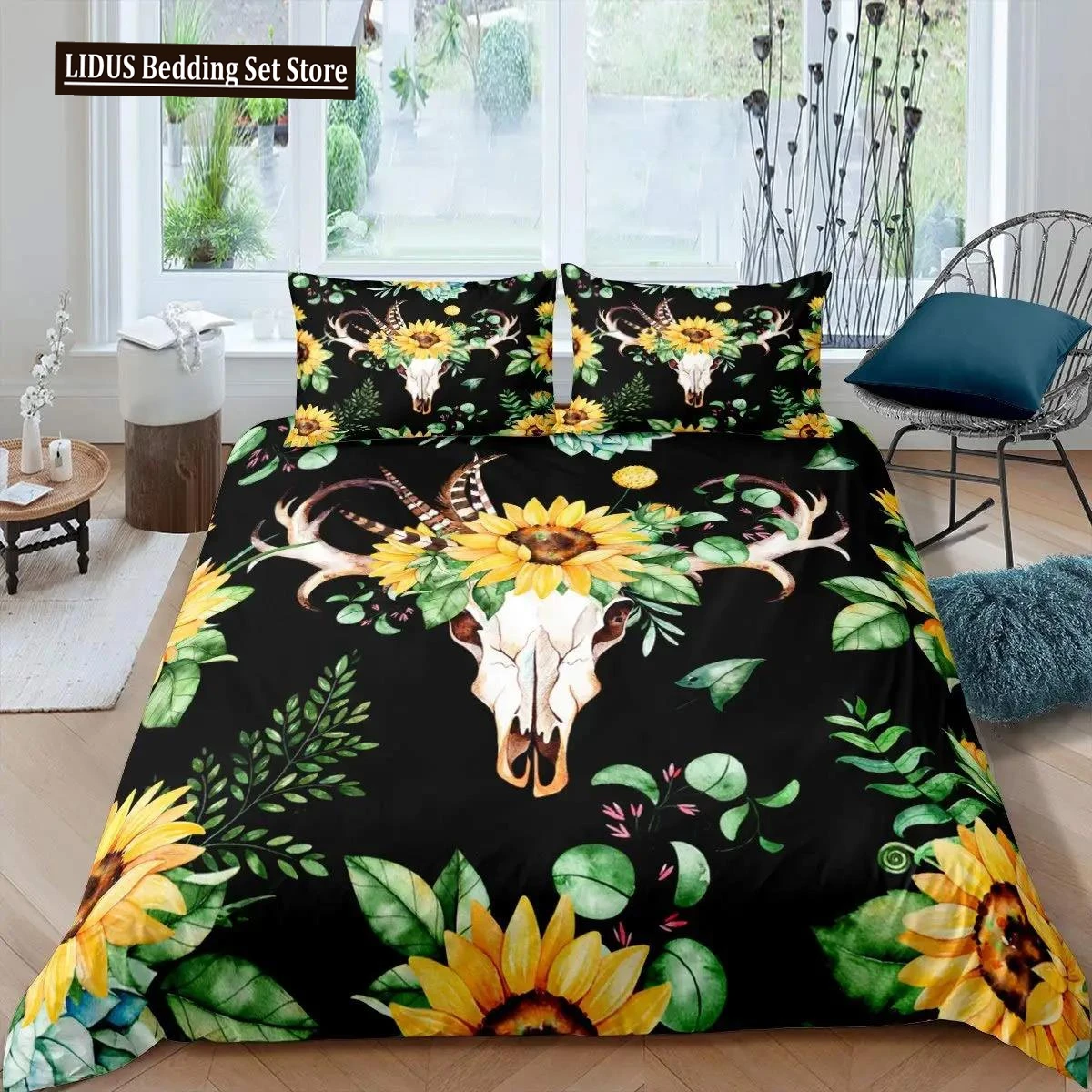 

Cow Skull Duvet Cover Queen Sunflower Cattle/Bull Skeleton Bedding Set Botanical Floral Leaves Boho Tribal Polyester Quilt Cover