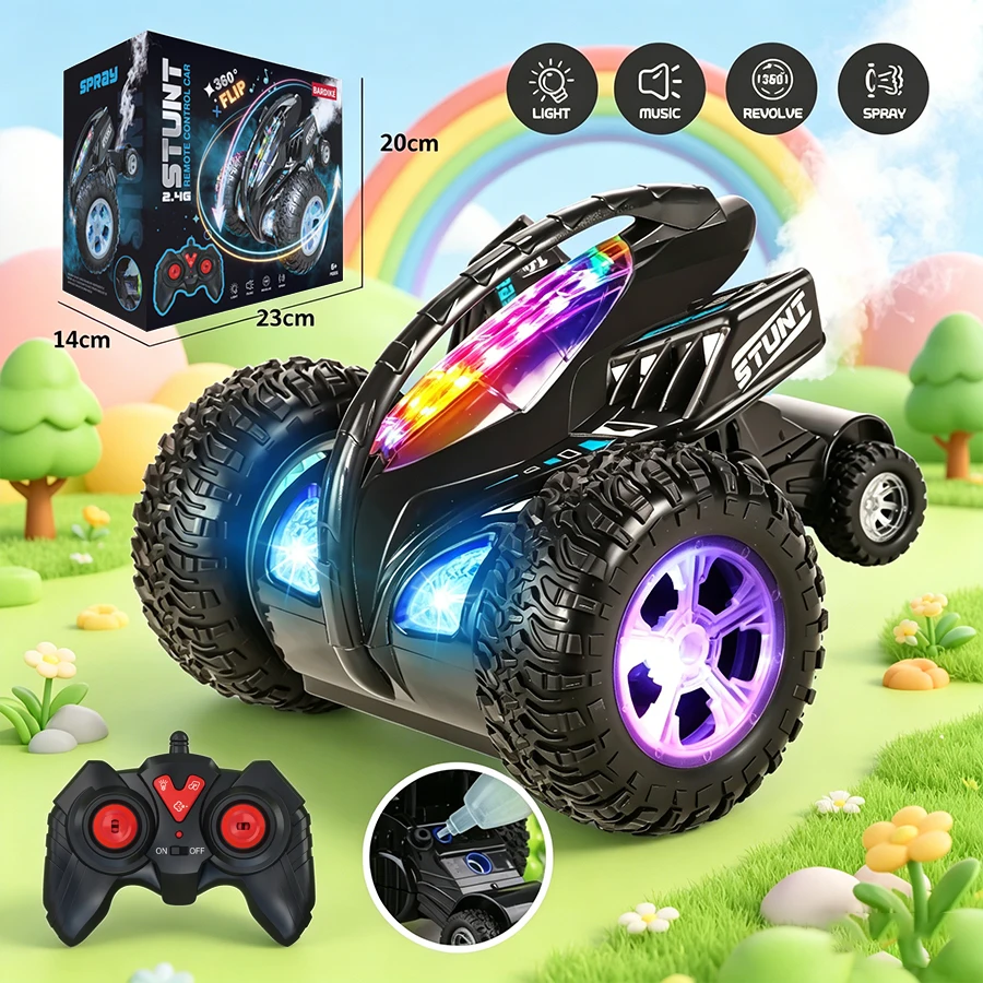 

2,4G RC Car Stunt Toy для мальчиков и девочек с распылителем 360° ° Электрическая вращающаяся игрушка со светом и звуком, подходящая для детей