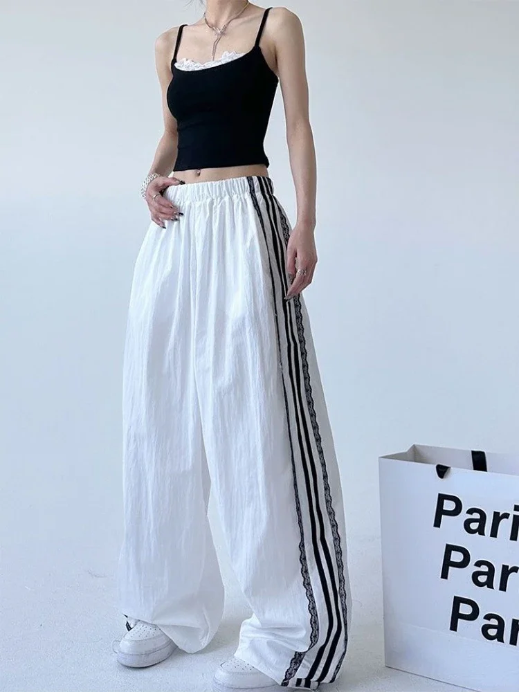 HOUZHOU Y2k Vintage Baggy Striped Sweatpants Woman Oversized Korean Fashion Harajuku Laces Pants Streetwear Gyaru 2000s Trousers