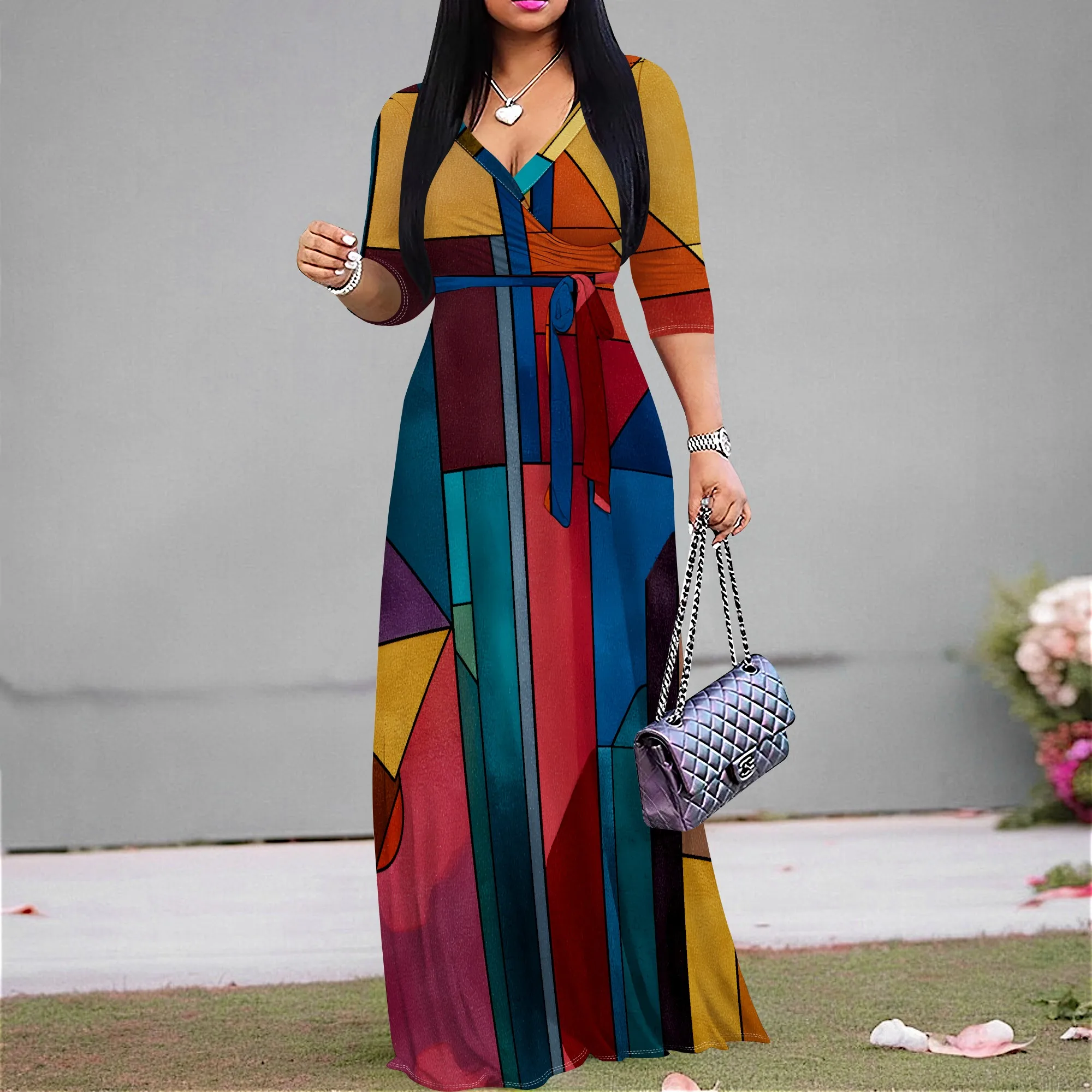 

Patchwork Colorblock Maxi Dress S-3XL V-Neck Wrap Style with Tie Waist & 3/4 Sleeves for Art Show, Holiday Dinner or Fall Look