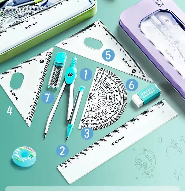 Compass set Learn office protractor triangle ruler 7-piece drawing ruler compass set