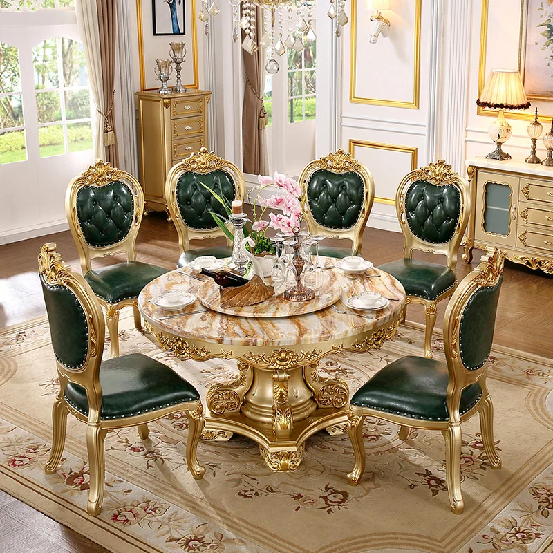 

European round dining table and chair combination, natural marble dining table and chair villa, round dining table