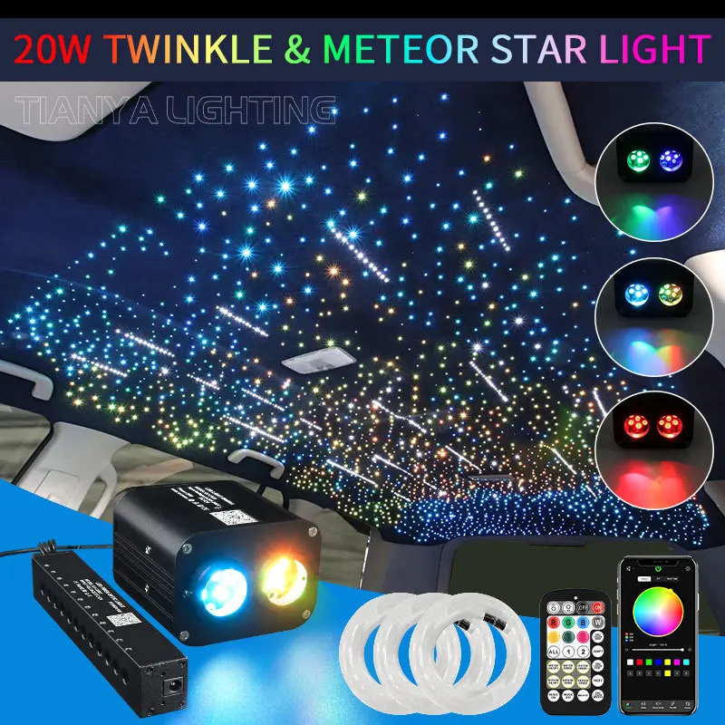 20W Meteor Twinkle Starry Sky Car Star lampa sufitowa oświetlenie Led na dach lampa światłowodowa muzyka Sensing oświetlenie otoczenia podwójna kontrola koloru