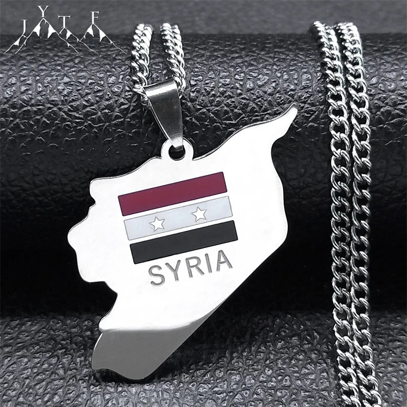 Syria Flag Country Map Pendant Necklace Women Men Stainless Steel Traditional Syrians Silver Color Necklaces Jewelry 7603S05