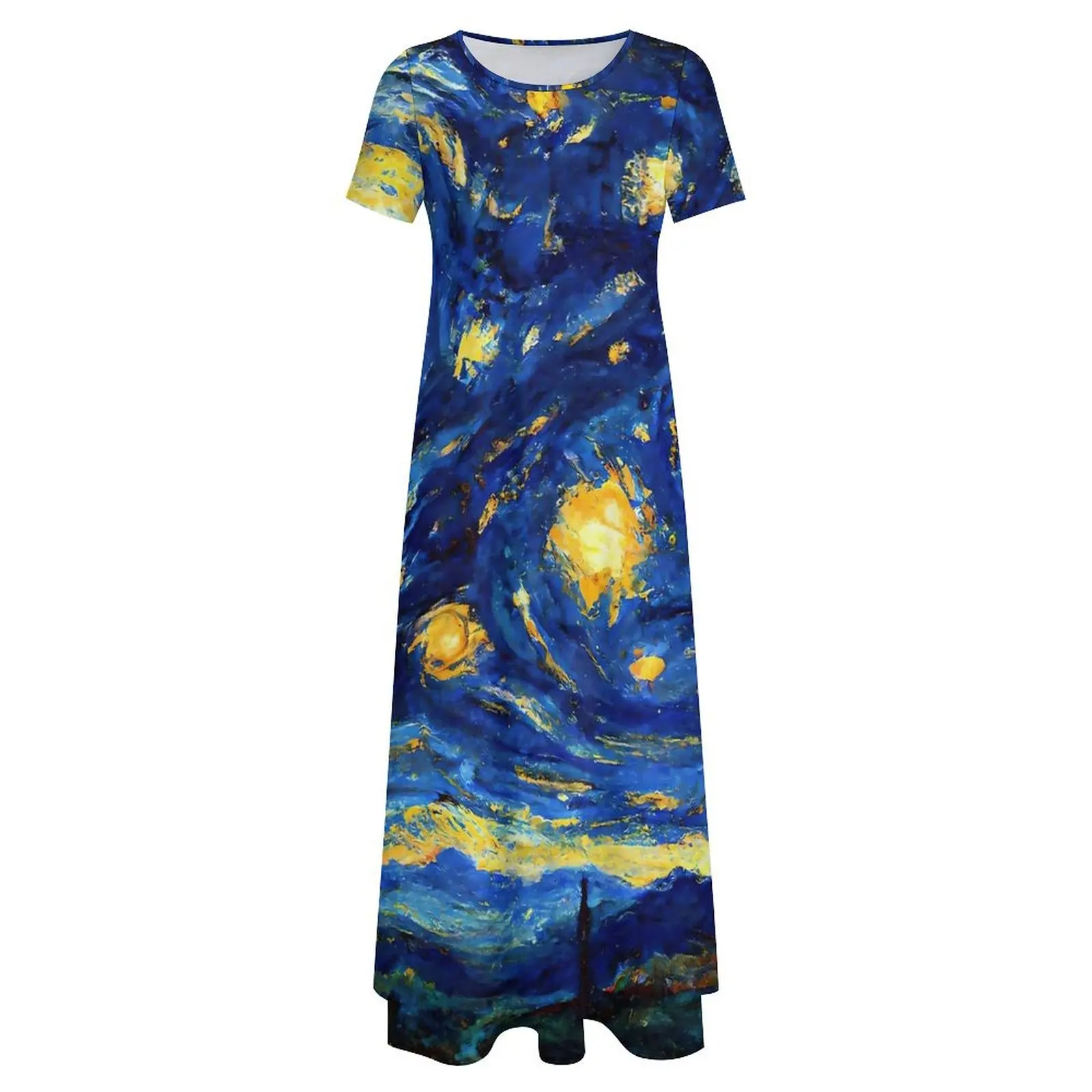 Oil Painting Dress Van Gogh Starry Night Vintage Maxi Dress Woman Short Sleeve Funny Boho Beach Long Dresses 5XL 6XL 7XL