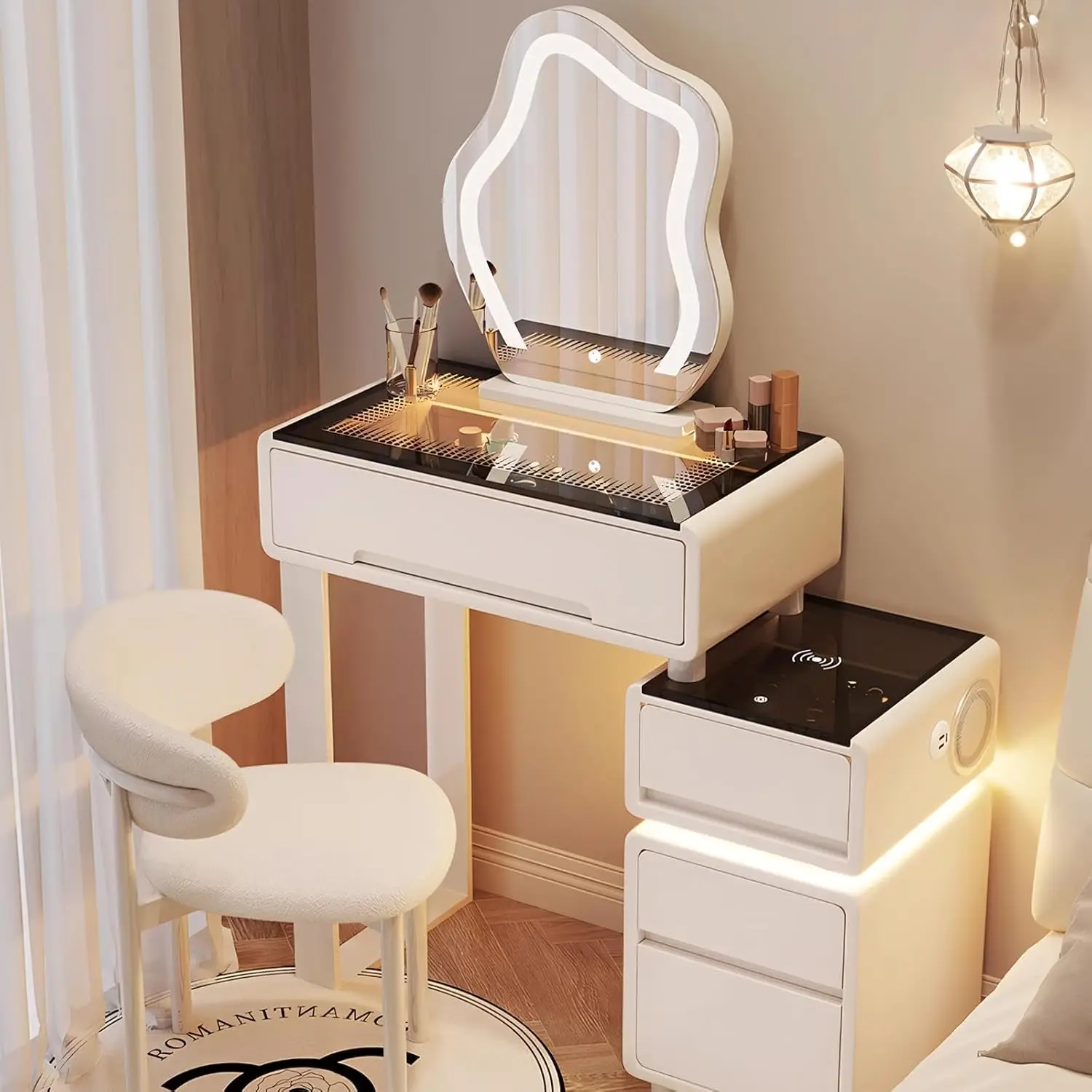 Small Vanity Set, Modern Dressing Table with LED Smart Mirror and Glass Countertop, Luxury Makeup Vanity with Makeup Chair and S