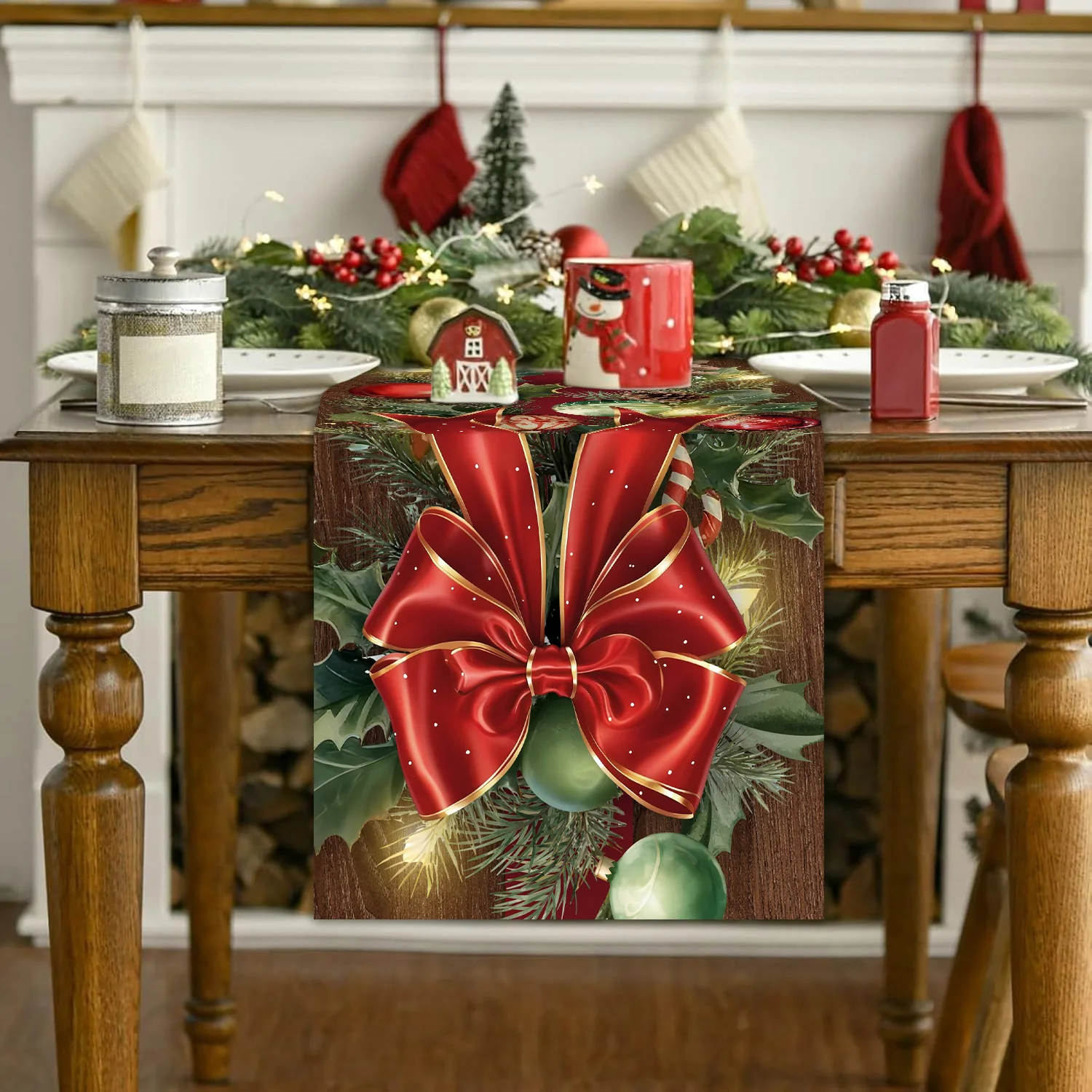 

1Pc Xmas Holly Christmas Table Runner - Winter Home Decor for Indoor Outdoor Dining Kitchen Table Decor Festive Party Tablecloth