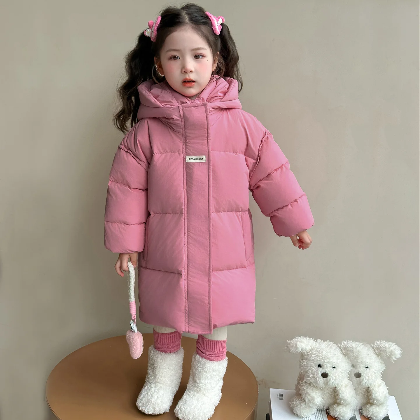 Korean Winter Children Girls Down Jackets Letter Sticker Thick Warm Kids Girls Outerwear Coat Hooded Long Puffer Jacket For Girl