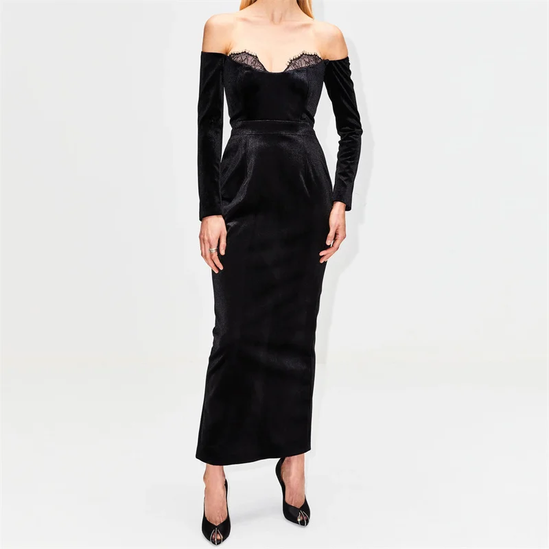 

Women's dress Spring 2024 New in Lace Splicing Long Dresses Sexy Off Shoulder Corduroy Party Dress Evening dresses free shipping