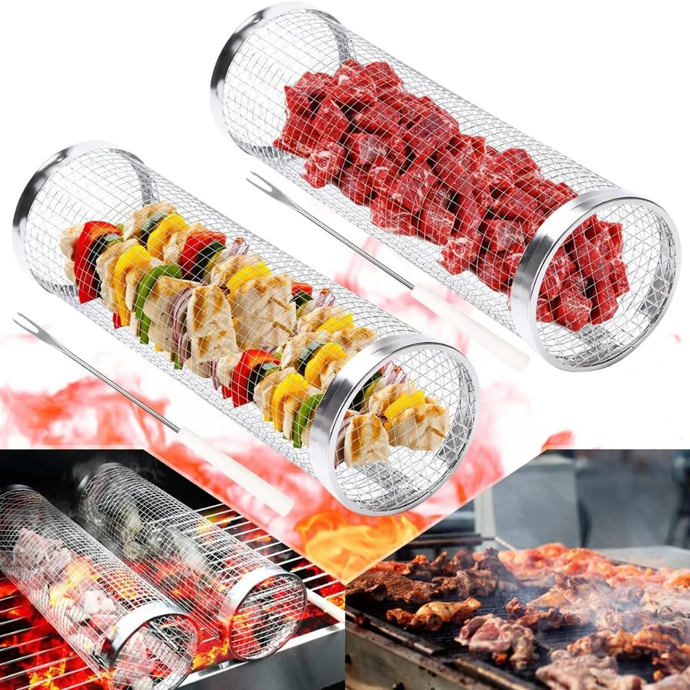 1PCS Stainless Steel Barbecue Drum Rack With Handle Cylindrical Barbecue Baskr campinet Suitable For Vegetables And Meat Camping