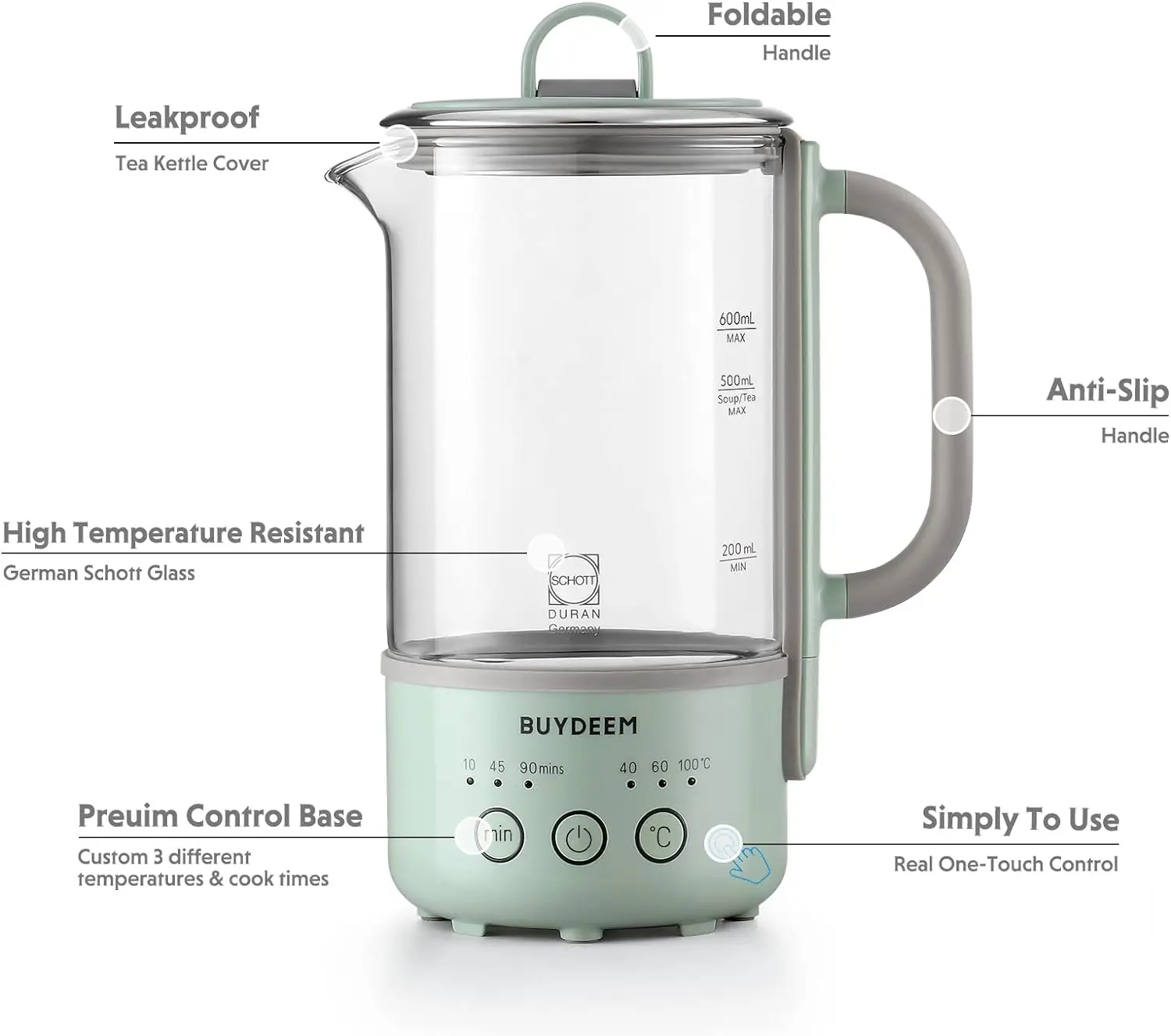 BUYDEEM K313 Travel Electric Kettle, Mini Healthy-Care Beverage Kettle, Tea Maker with German Schott Glass & Durable Pro 18/10 P