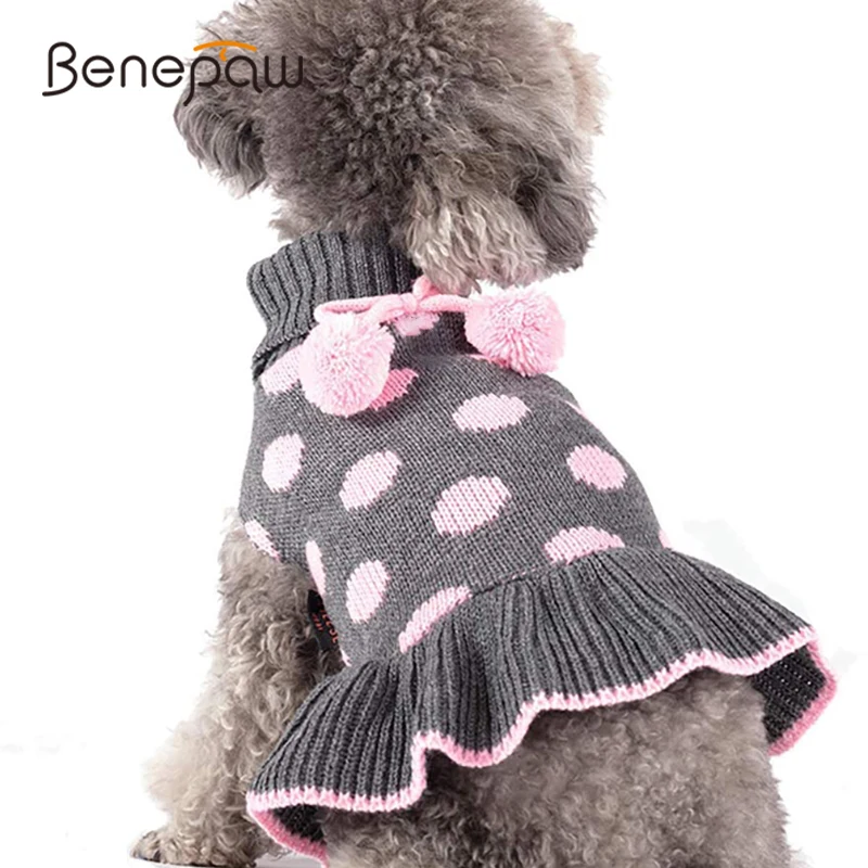 Benepaw Turtleneck Medium Small Dog Sweater Dress Autumn Winter Warm Polka Dot Puppy Sweaters Knitwear Pet Clothes Pom Pom Ball