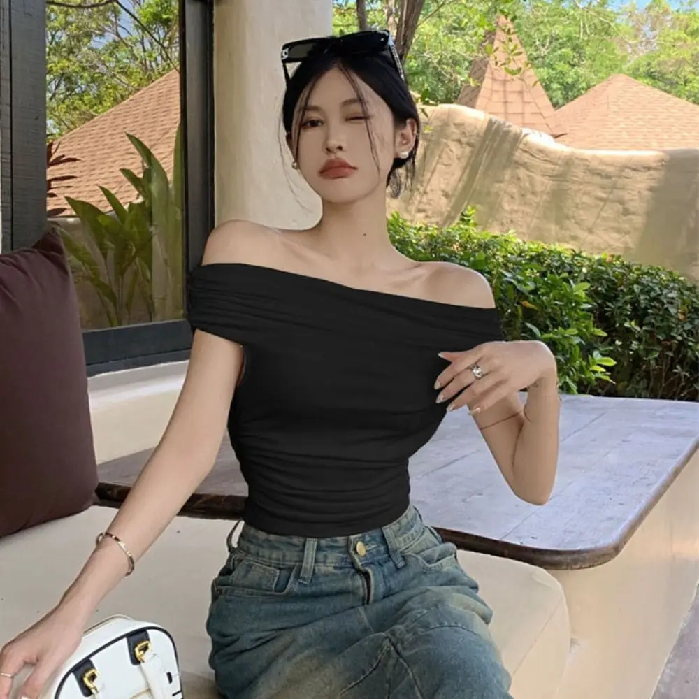 Fashion Ruffle Off Shoulder Crop Tops Solid Color Ins Short Sleeve T-shirt Female Clothing All-match Slim T Shirts Streetwear